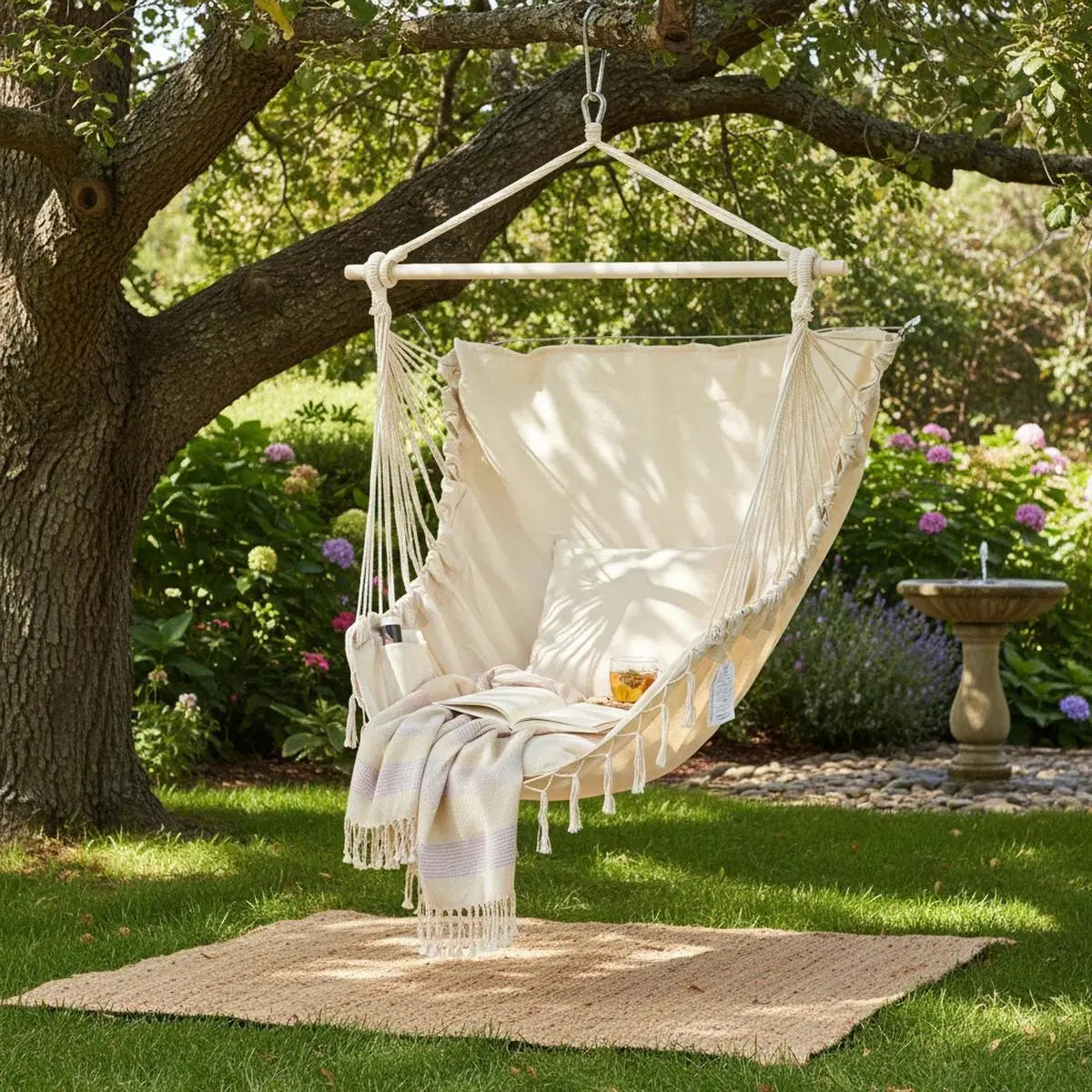Sweetcrispy Single Hammock Chair with 2 Cushions, 330 LB Capacity，Extra-Large Cushion & Long Cotton Ropes, Lightweight Portable Design for Indoor Outdoor Use Bedroom Balcony