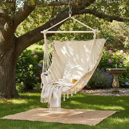 Sweetcrispy Single Hammock Chair with 2 Cushions, 330 LB Capacity，Extra-Large Cushion & Long Cotton Ropes, Lightweight Portable Design for Indoor Outdoor Use Bedroom Balcony