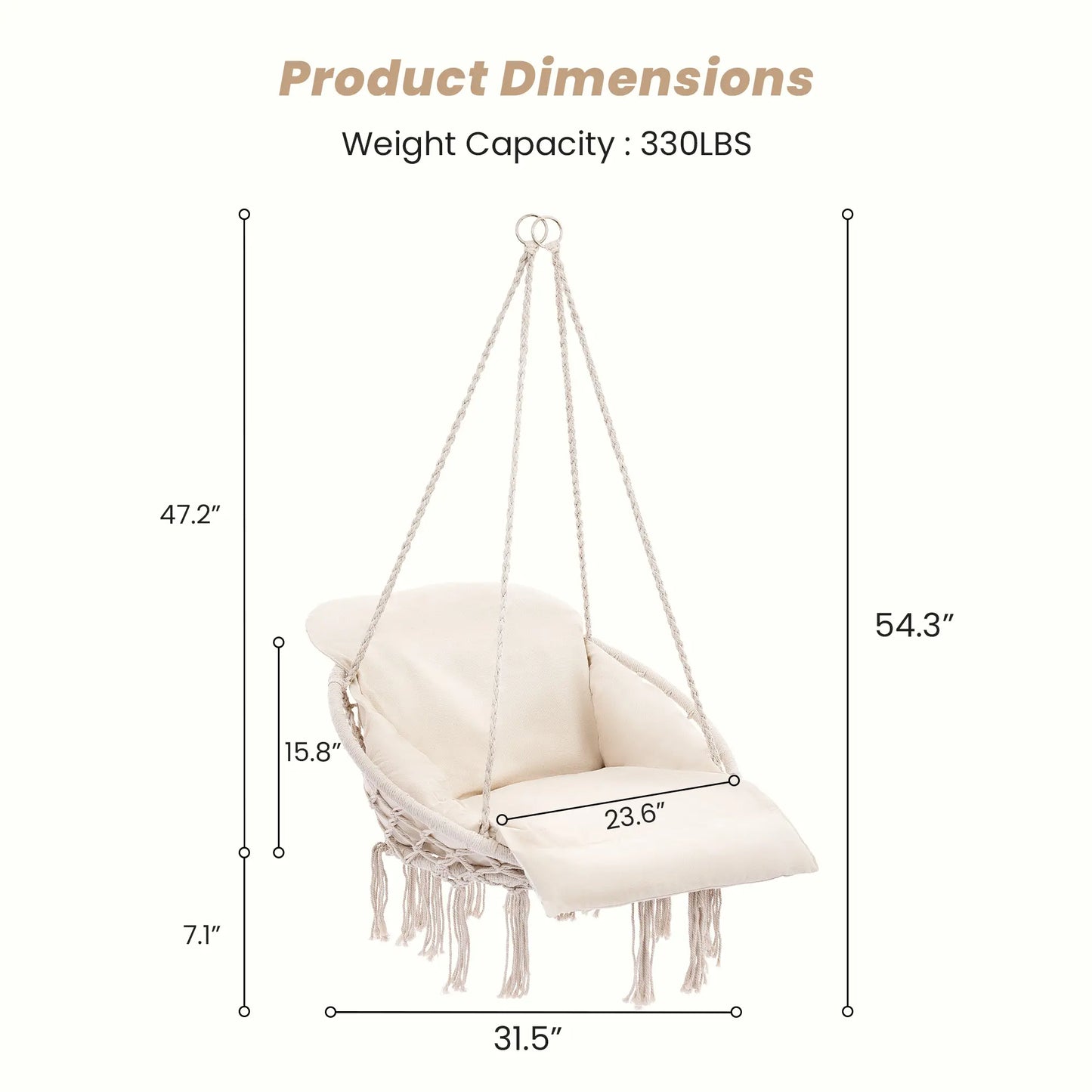 Sweetcrispy Single Hammock Chair with 2 Cushions, 330 LB Capacity，Extra-Large Cushion & Long Cotton Ropes, Lightweight Portable Design for Indoor Outdoor Use Bedroom Balcony