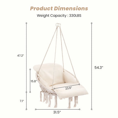 Sweetcrispy Single Hammock Chair with 2 Cushions, 330 LB Capacity，Extra-Large Cushion & Long Cotton Ropes, Lightweight Portable Design for Indoor Outdoor Use Bedroom Balcony