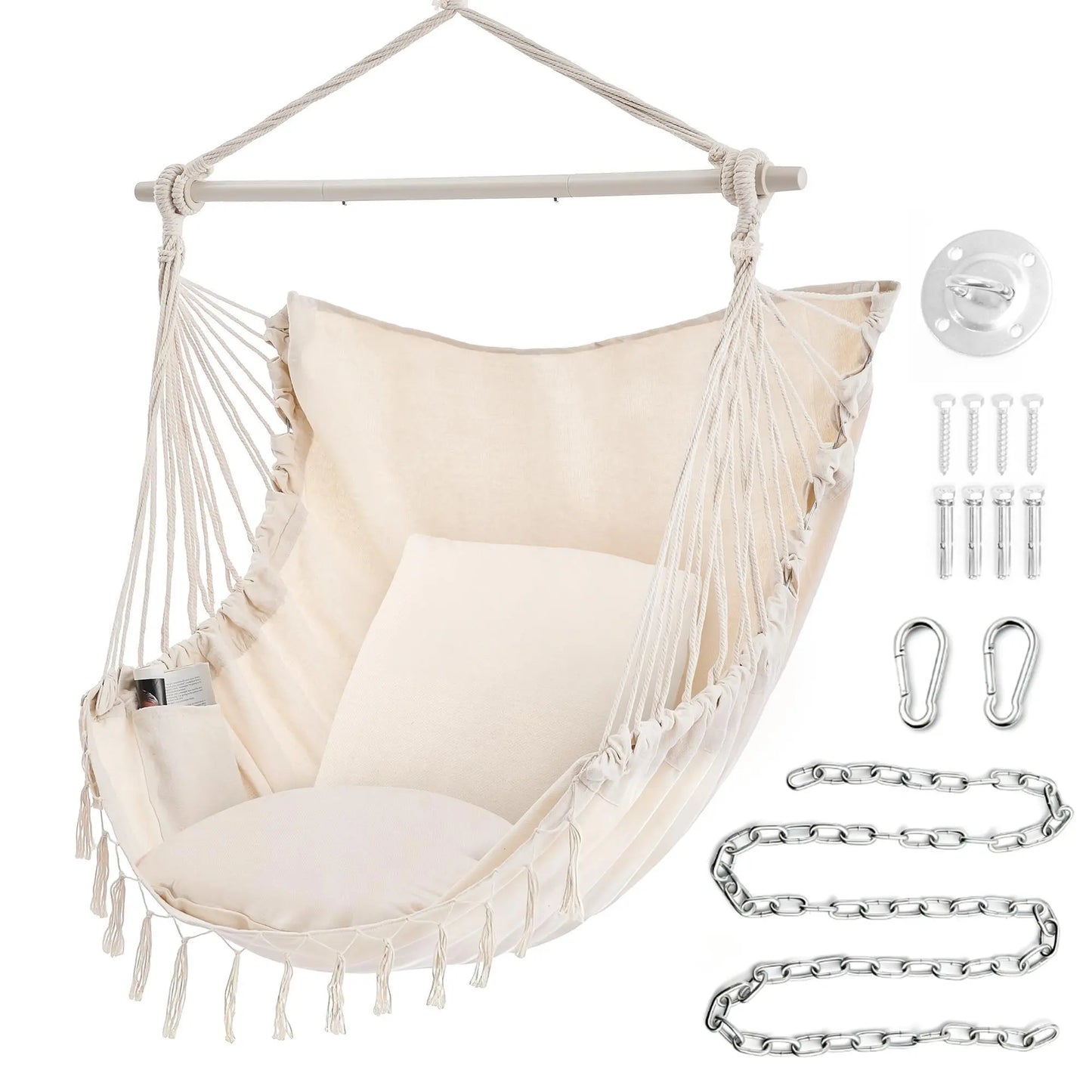 Sweetcrispy Single Hammock Chair with 2 Cushions, 330 LB Capacity，Extra-Large Cushion & Long Cotton Ropes, Lightweight Portable Design for Indoor Outdoor Use Bedroom Balcony