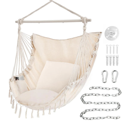 Sweetcrispy Single Hammock Chair with 2 Cushions, 330 LB Capacity，Extra-Large Cushion & Long Cotton Ropes, Lightweight Portable Design for Indoor Outdoor Use Bedroom Balcony