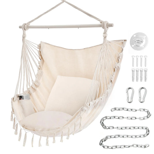 Sweetcrispy Single Hammock Chair with 2 Cushions, 330 LB Capacity，Extra-Large Cushion & Long Cotton Ropes, Lightweight Portable Design for Indoor Outdoor Use Bedroom Balcony