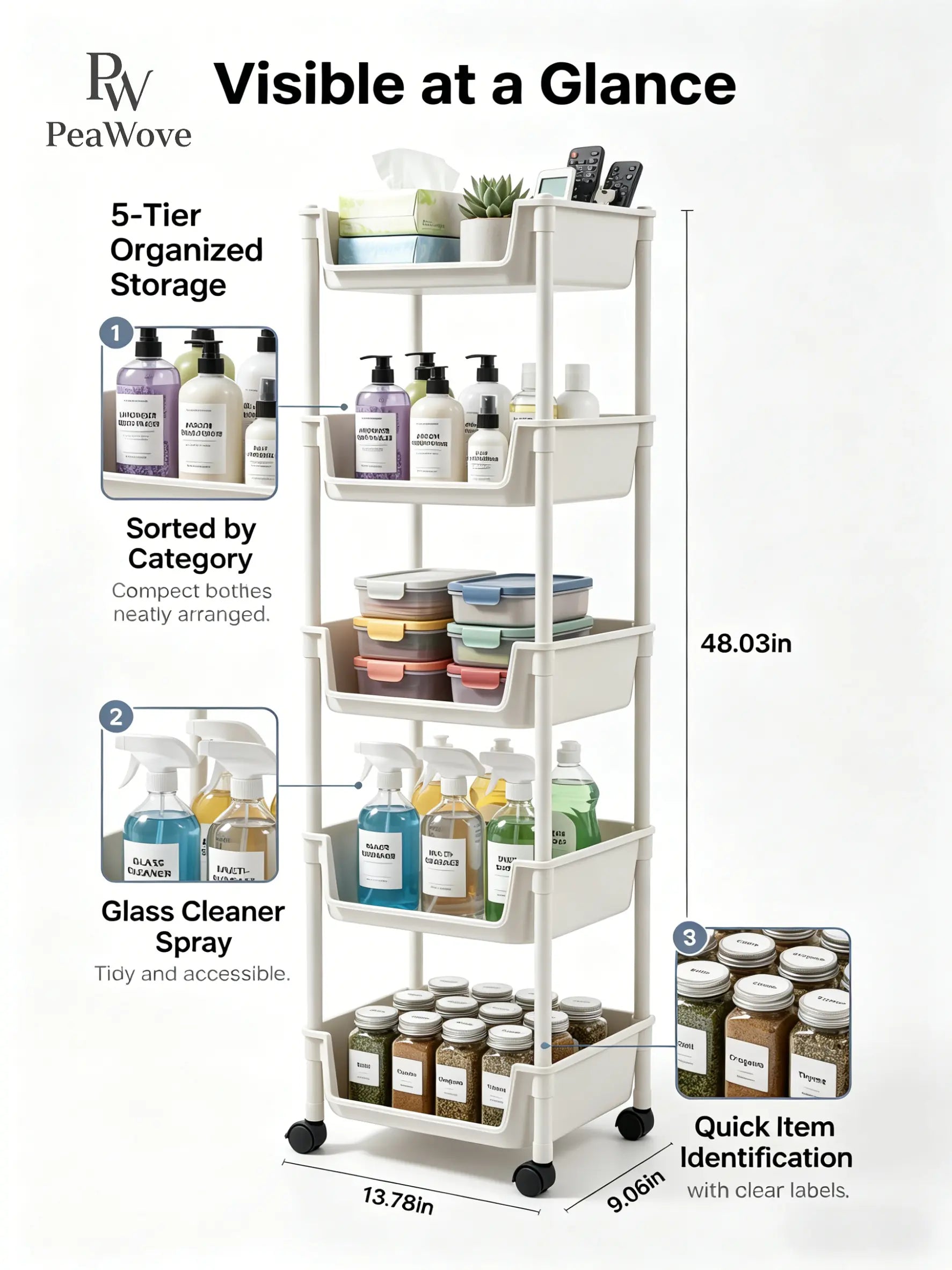 Peawove Multifunctional Multi-Layer Plastic Storage Cartwith Wheels, Layered Shelf Organizer for Bedroomkitchen Bathroom Living Room, Adjustablestanding Shelf Suction Cup Sponge Holder for Kitchen Sink Semiannual Sale 2026 Easy Install Kit Glove Clip Cas