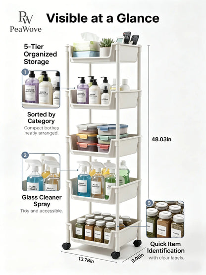 Peawove Multifunctional Multi-Layer Plastic Storage Cartwith Wheels, Layered Shelf Organizer for Bedroomkitchen Bathroom Living Room, Adjustablestanding Shelf Suction Cup Sponge Holder for Kitchen Sink Semiannual Sale 2026 Easy Install Kit Glove Clip Cas