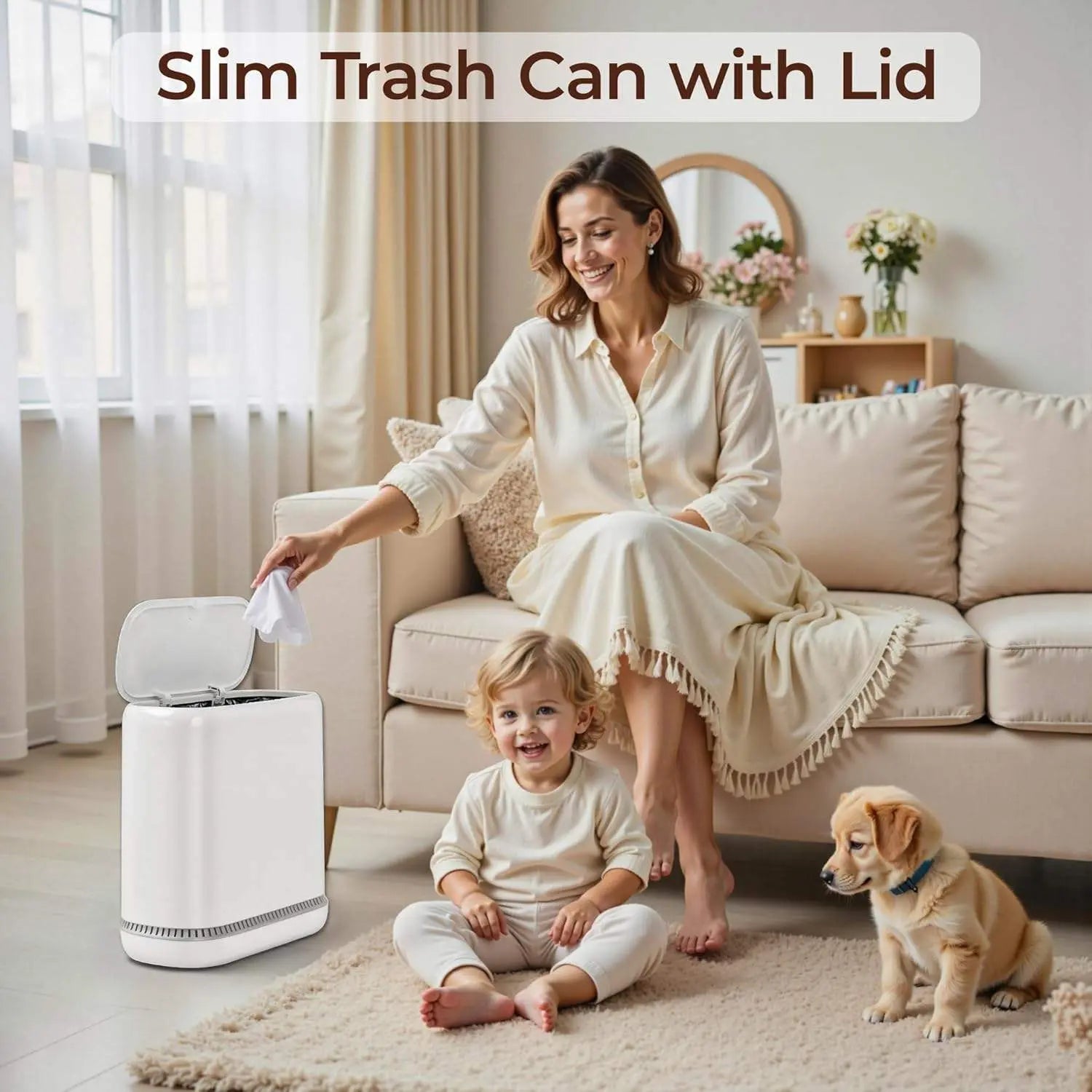 Bathroom Trash Can with Disposable Toilet Cleaning System, Garbage Can with Removable Inner Bucket, Slim Wastebasket for Toilet, RV , White