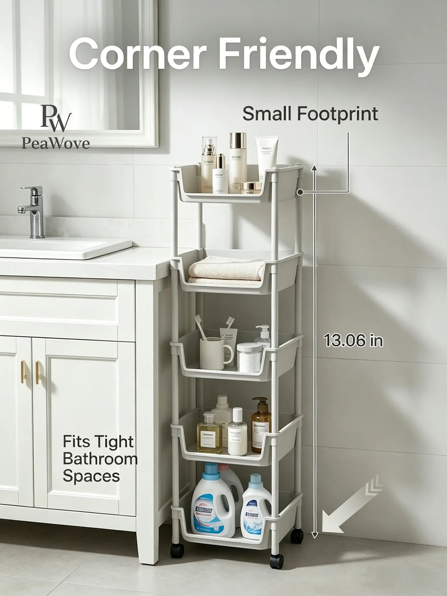 Peawove Multifunctional Multi-Layer Plastic Storage Cartwith Wheels, Layered Shelf Organizer for Bedroomkitchen Bathroom Living Room, Adjustablestanding Shelf Suction Cup Sponge Holder for Kitchen Sink Semiannual Sale 2026 Easy Install Kit Glove Clip Cas