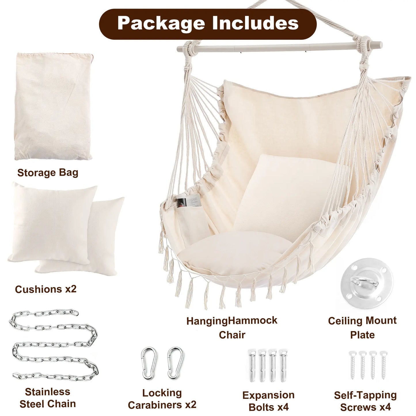 Sweetcrispy Single Hammock Chair with 2 Cushions, 330 LB Capacity，Extra-Large Cushion & Long Cotton Ropes, Lightweight Portable Design for Indoor Outdoor Use Bedroom Balcony