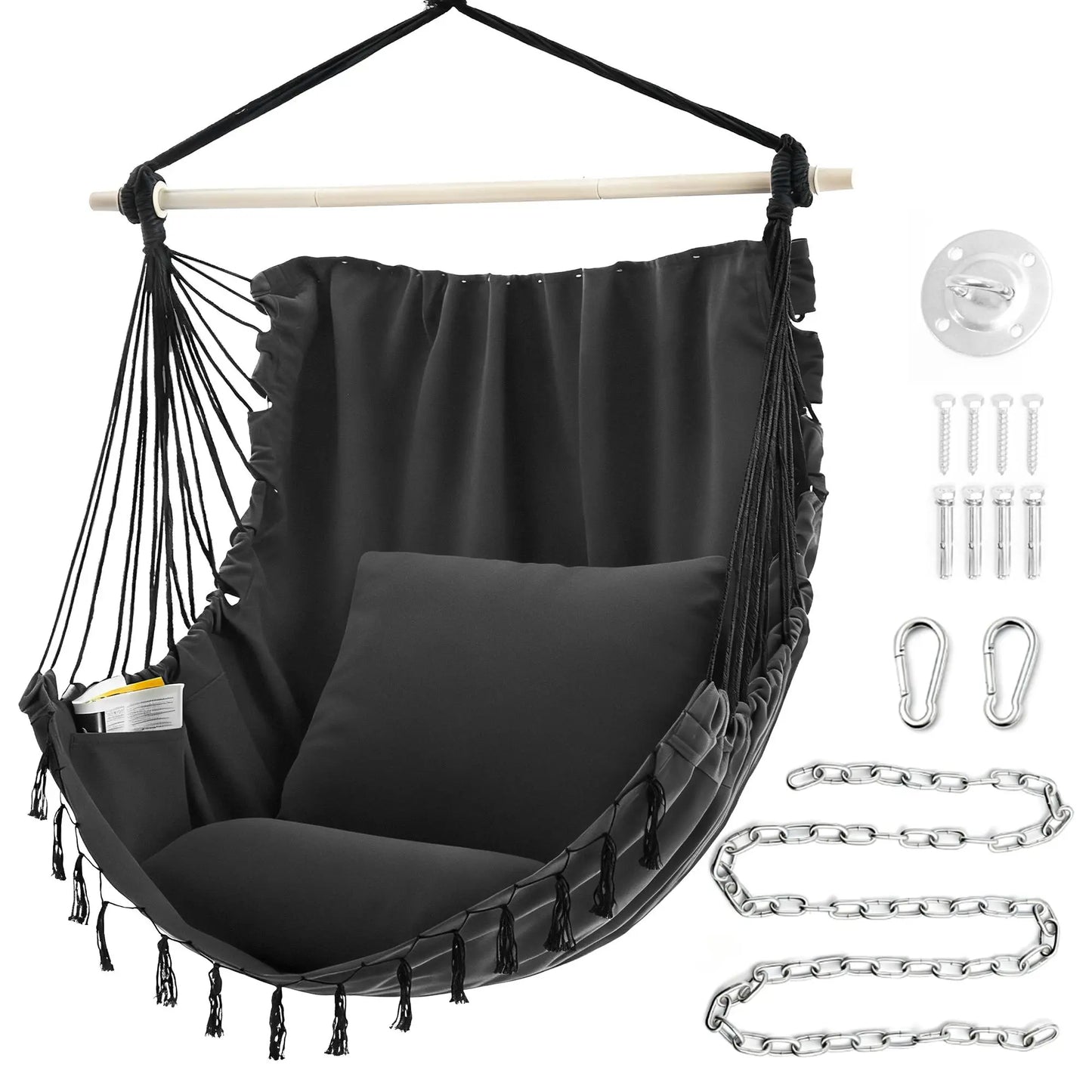 Sweetcrispy Single Hammock Chair with 2 Cushions, 330 LB Capacity，Extra-Large Cushion & Long Cotton Ropes, Lightweight Portable Design for Indoor Outdoor Use Bedroom Balcony