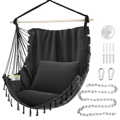 Sweetcrispy Single Hammock Chair with 2 Cushions, 330 LB Capacity，Extra-Large Cushion & Long Cotton Ropes, Lightweight Portable Design for Indoor Outdoor Use Bedroom Balcony