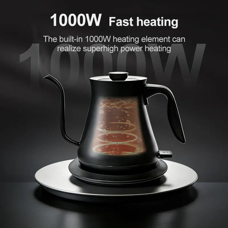 Gooseneck Electric Kettle Temperature Coffee & Tea, Quick Heating, One-Click Control Rapid Boiling Electric Kettle Stainless Steel, Built-In Brew Timer,Pour-Over Coffee Maker with Slender Spout, Electric Kettle, Teapot, Kettle 1000W/0.8L (Ebony Black)