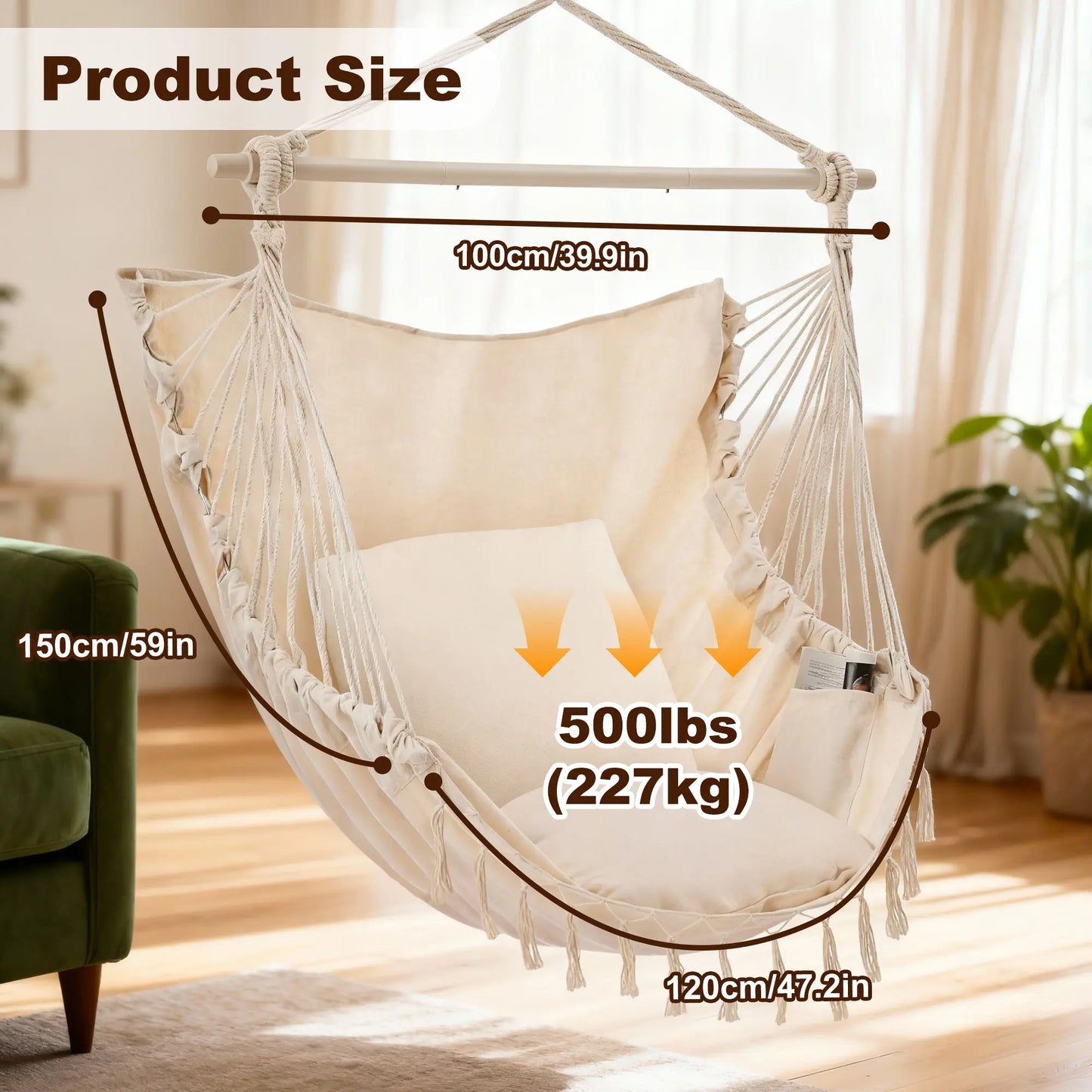 Sweetcrispy Single Hammock Chair with 2 Cushions, 330 LB Capacity，Extra-Large Cushion & Long Cotton Ropes, Lightweight Portable Design for Indoor Outdoor Use Bedroom Balcony