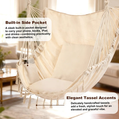 Sweetcrispy Single Hammock Chair with 2 Cushions, 330 LB Capacity，Extra-Large Cushion & Long Cotton Ropes, Lightweight Portable Design for Indoor Outdoor Use Bedroom Balcony