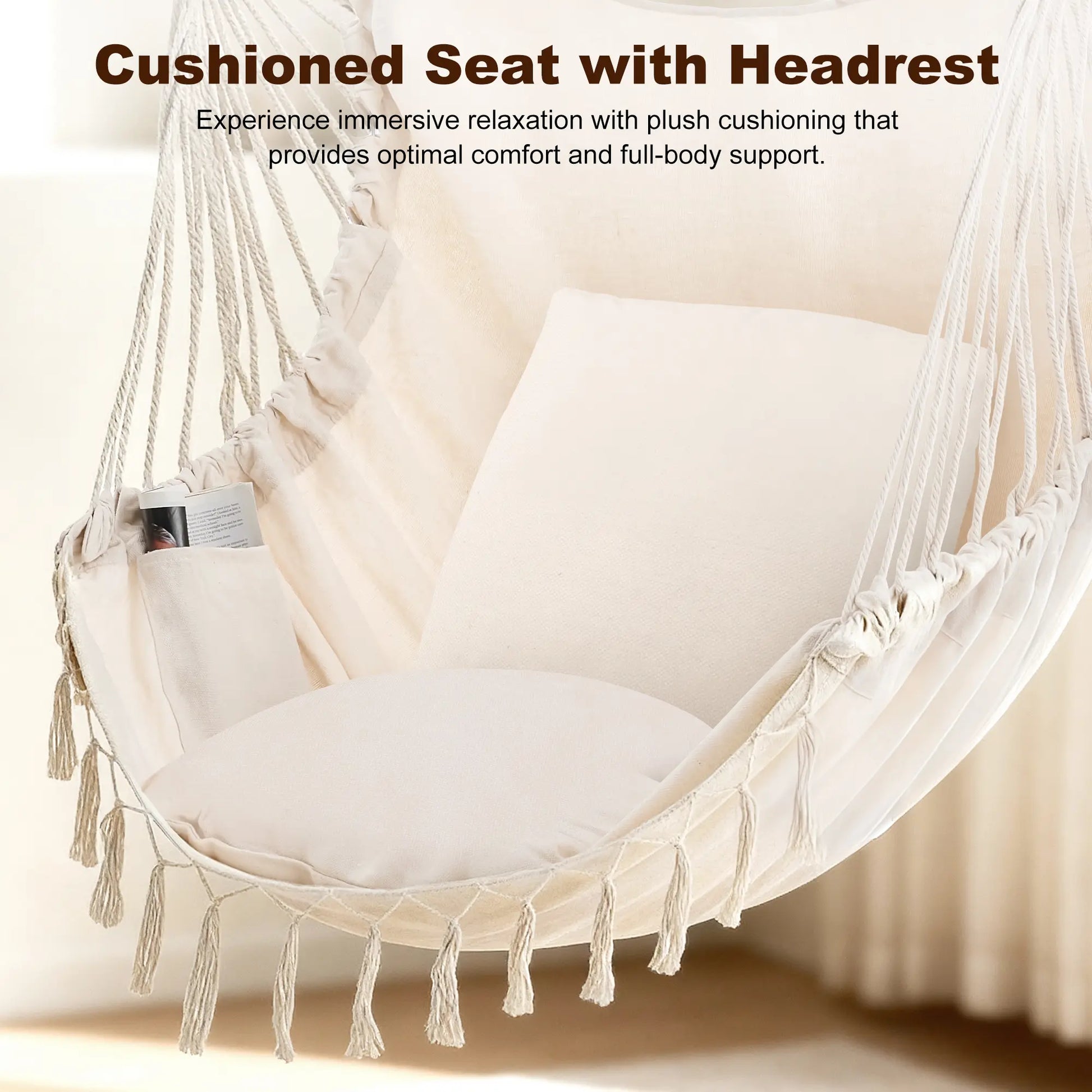 Sweetcrispy Single Hammock Chair with 2 Cushions, 330 LB Capacity，Extra-Large Cushion & Long Cotton Ropes, Lightweight Portable Design for Indoor Outdoor Use Bedroom Balcony